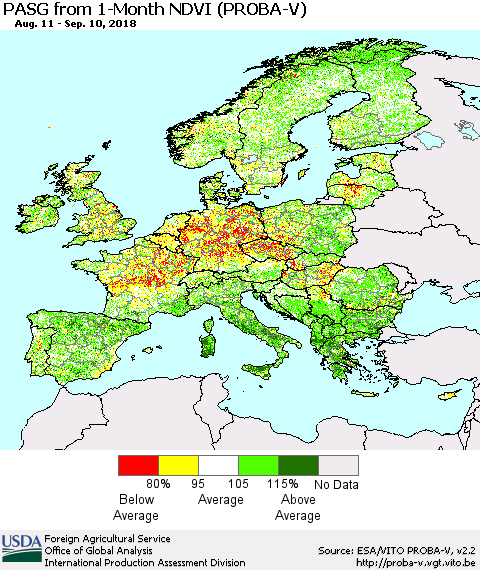Europe PASG from 1-Month NDVI (PROBA-V) Thematic Map For 9/1/2018 - 9/10/2018