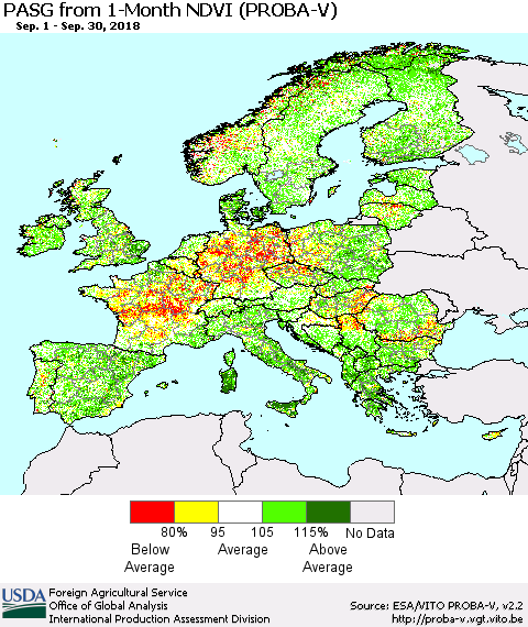 Europe PASG from 1-Month NDVI (PROBA-V) Thematic Map For 9/21/2018 - 9/30/2018
