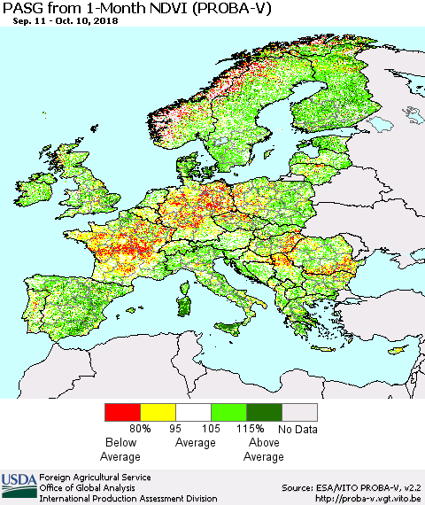 Europe PASG from 1-Month NDVI (PROBA-V) Thematic Map For 10/1/2018 - 10/10/2018