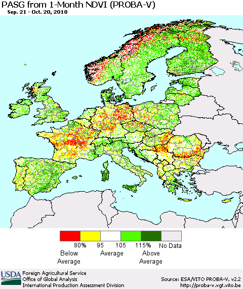 Europe PASG from 1-Month NDVI (PROBA-V) Thematic Map For 10/11/2018 - 10/20/2018