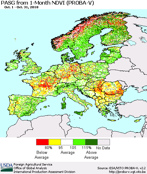 Europe PASG from 1-Month NDVI (PROBA-V) Thematic Map For 10/21/2018 - 10/31/2018