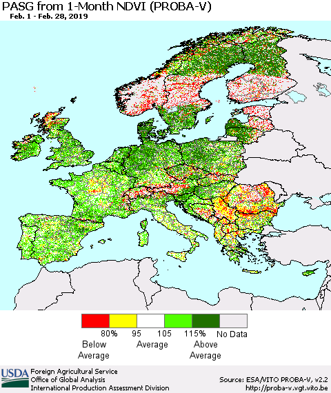 Europe PASG from 1-Month NDVI (PROBA-V) Thematic Map For 2/21/2019 - 2/28/2019