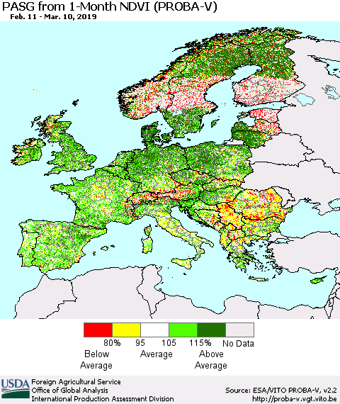 Europe PASG from 1-Month NDVI (PROBA-V) Thematic Map For 3/1/2019 - 3/10/2019