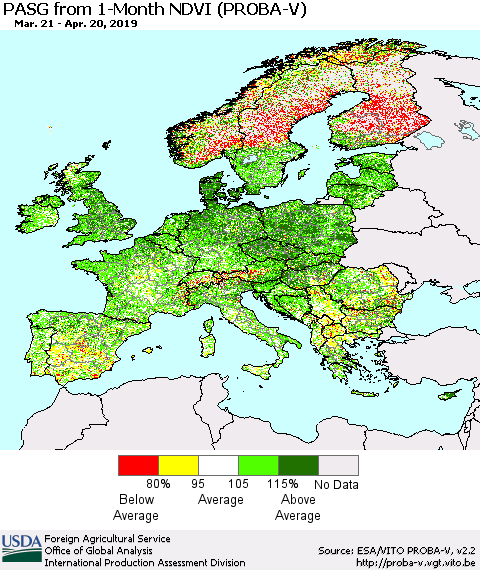 Europe PASG from 1-Month NDVI (PROBA-V) Thematic Map For 4/11/2019 - 4/20/2019