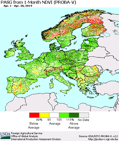 Europe PASG from 1-Month NDVI (PROBA-V) Thematic Map For 4/21/2019 - 4/30/2019