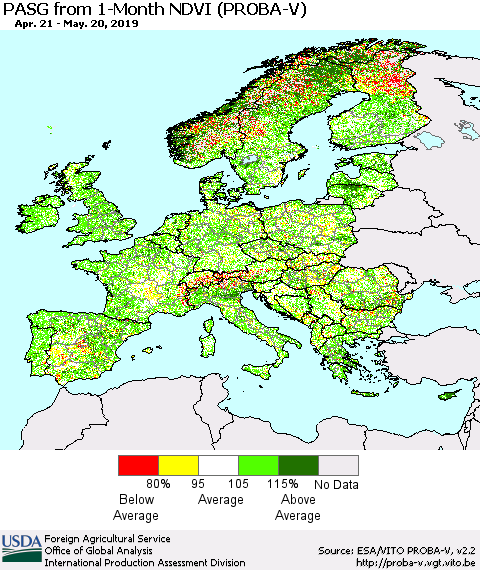 Europe PASG from 1-Month NDVI (PROBA-V) Thematic Map For 5/11/2019 - 5/20/2019
