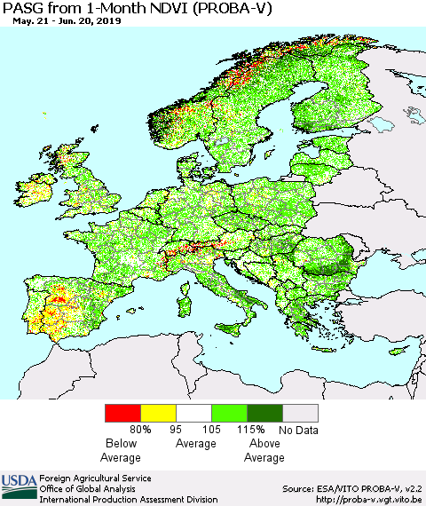 Europe PASG from 1-Month NDVI (PROBA-V) Thematic Map For 6/11/2019 - 6/20/2019
