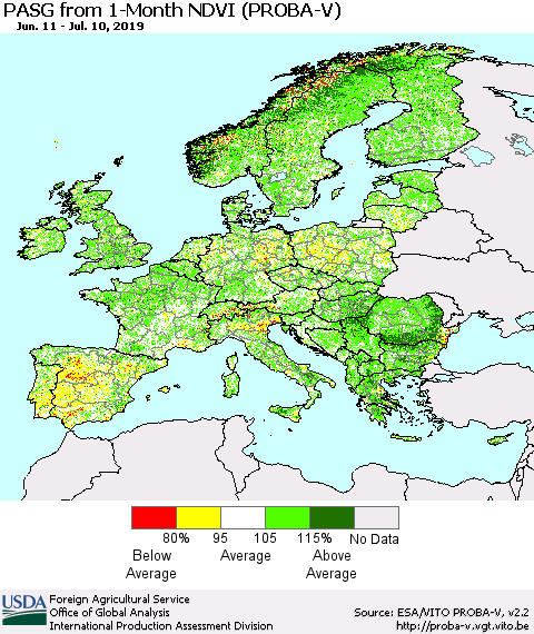 Europe PASG from 1-Month NDVI (PROBA-V) Thematic Map For 7/1/2019 - 7/10/2019