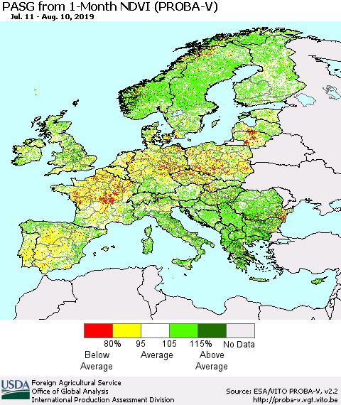 Europe PASG from 1-Month NDVI (PROBA-V) Thematic Map For 8/1/2019 - 8/10/2019