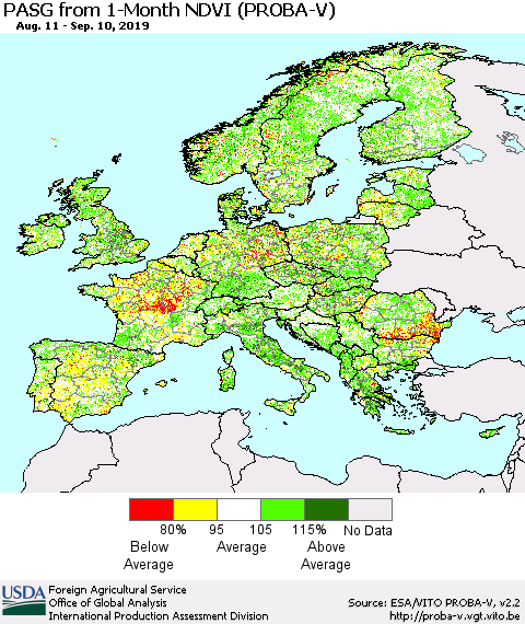 Europe PASG from 1-Month NDVI (PROBA-V) Thematic Map For 9/1/2019 - 9/10/2019