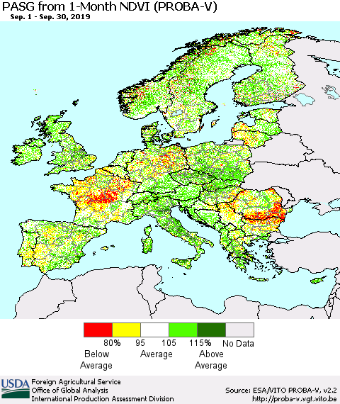 Europe PASG from 1-Month NDVI (PROBA-V) Thematic Map For 9/21/2019 - 9/30/2019