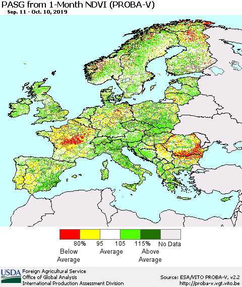 Europe PASG from 1-Month NDVI (PROBA-V) Thematic Map For 10/1/2019 - 10/10/2019