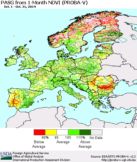 Europe PASG from 1-Month NDVI (PROBA-V) Thematic Map For 10/21/2019 - 10/31/2019