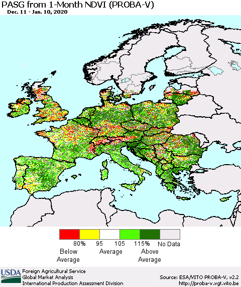 Europe PASG from 1-Month NDVI (PROBA-V) Thematic Map For 1/1/2020 - 1/10/2020