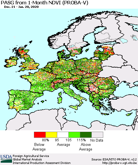 Europe PASG from 1-Month NDVI (PROBA-V) Thematic Map For 1/11/2020 - 1/20/2020