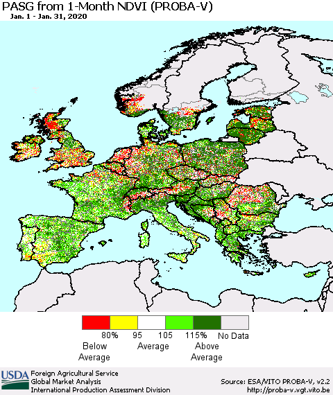 Europe PASG from 1-Month NDVI (PROBA-V) Thematic Map For 1/21/2020 - 1/31/2020