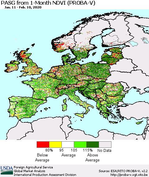 Europe PASG from 1-Month NDVI (PROBA-V) Thematic Map For 2/1/2020 - 2/10/2020
