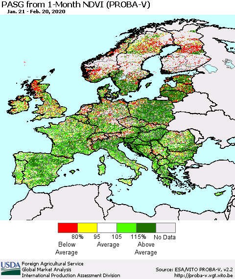 Europe PASG from 1-Month NDVI (PROBA-V) Thematic Map For 2/11/2020 - 2/20/2020