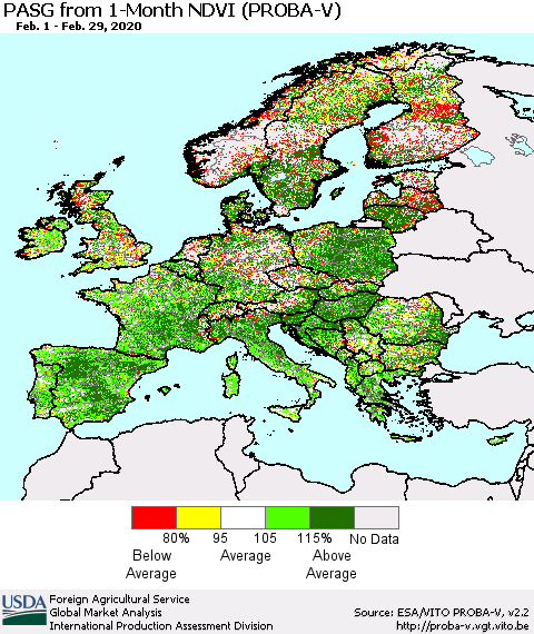 Europe PASG from 1-Month NDVI (PROBA-V) Thematic Map For 2/21/2020 - 2/29/2020