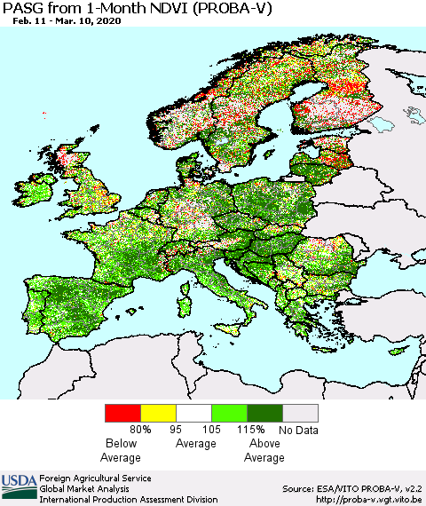 Europe PASG from 1-Month NDVI (PROBA-V) Thematic Map For 3/1/2020 - 3/10/2020
