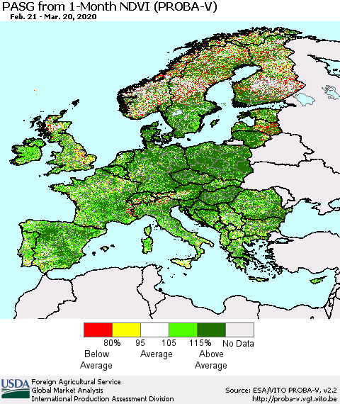 Europe PASG from 1-Month NDVI (PROBA-V) Thematic Map For 3/11/2020 - 3/20/2020
