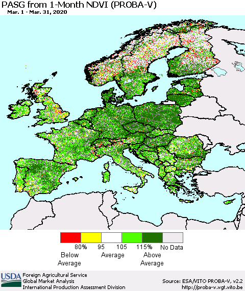 Europe PASG from 1-Month NDVI (PROBA-V) Thematic Map For 3/21/2020 - 3/31/2020