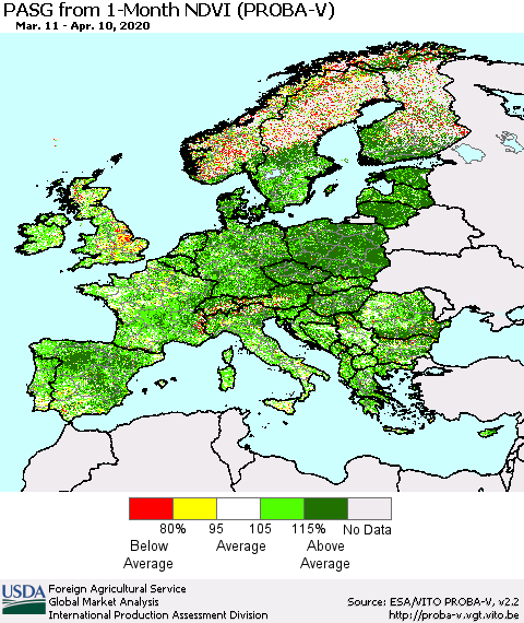 Europe PASG from 1-Month NDVI (PROBA-V) Thematic Map For 4/1/2020 - 4/10/2020