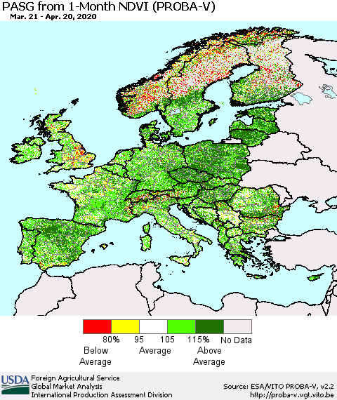 Europe PASG from 1-Month NDVI (PROBA-V) Thematic Map For 4/11/2020 - 4/20/2020