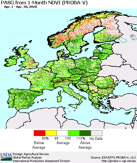 Europe PASG from 1-Month NDVI (PROBA-V) Thematic Map For 4/21/2020 - 4/30/2020