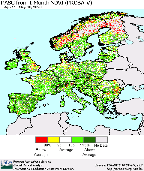 Europe PASG from 1-Month NDVI (PROBA-V) Thematic Map For 5/1/2020 - 5/10/2020