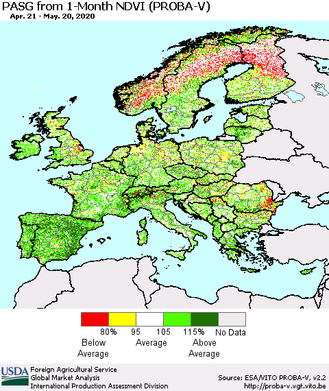 Europe PASG from 1-Month NDVI (PROBA-V) Thematic Map For 5/11/2020 - 5/20/2020