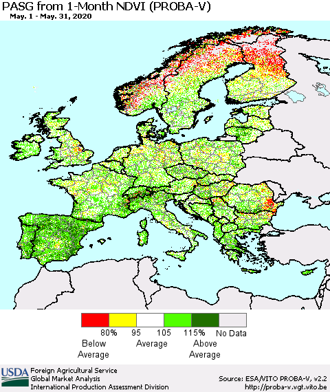 Europe PASG from 1-Month NDVI (PROBA-V) Thematic Map For 5/21/2020 - 5/31/2020