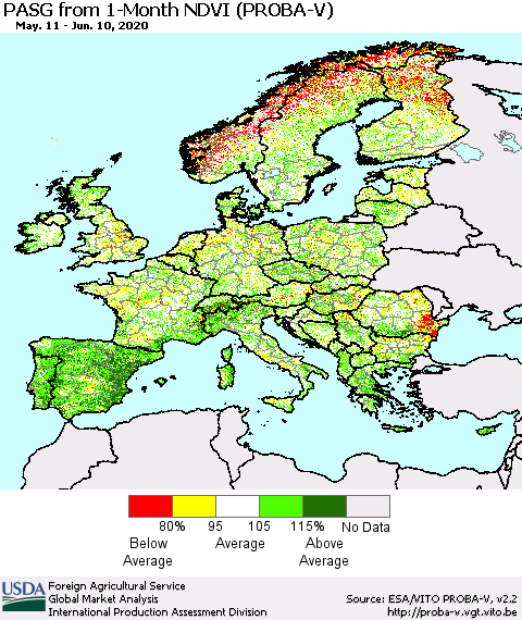 Europe PASG from 1-Month NDVI (PROBA-V) Thematic Map For 6/1/2020 - 6/10/2020
