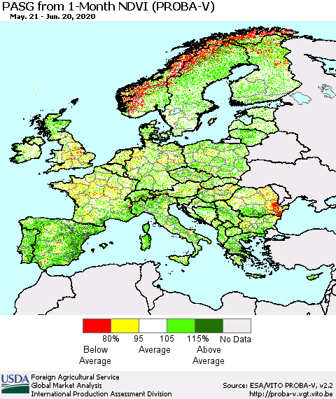 Europe PASG from 1-Month NDVI (PROBA-V) Thematic Map For 6/11/2020 - 6/20/2020