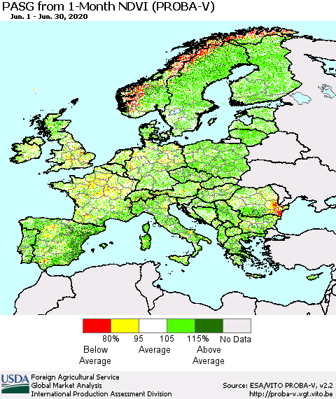 Europe PASG from 1-Month NDVI (PROBA-V) Thematic Map For 6/21/2020 - 6/30/2020