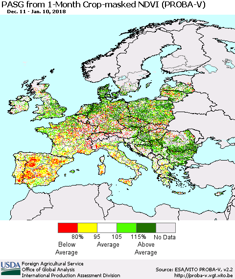 Europe PASG from 1-Month Crop-masked NDVI (PROBA-V) Thematic Map For 1/1/2018 - 1/10/2018