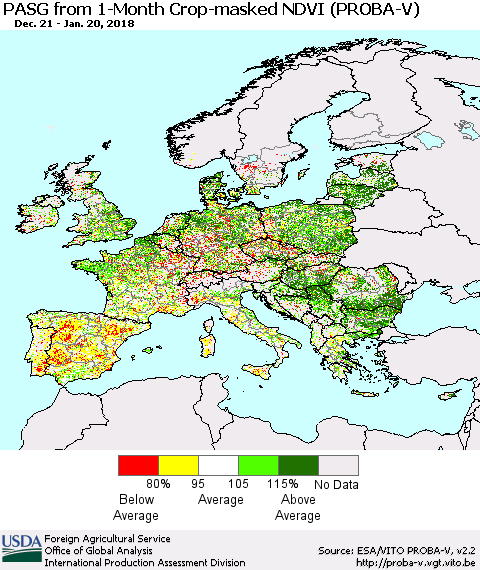 Europe PASG from 1-Month Crop-masked NDVI (PROBA-V) Thematic Map For 1/11/2018 - 1/20/2018
