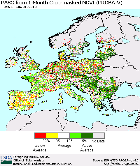 Europe PASG from 1-Month Crop-masked NDVI (PROBA-V) Thematic Map For 1/21/2018 - 1/31/2018