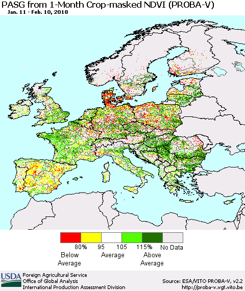 Europe PASG from 1-Month Crop-masked NDVI (PROBA-V) Thematic Map For 2/1/2018 - 2/10/2018