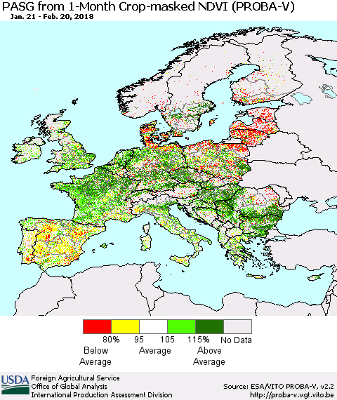 Europe PASG from 1-Month Crop-masked NDVI (PROBA-V) Thematic Map For 2/11/2018 - 2/20/2018