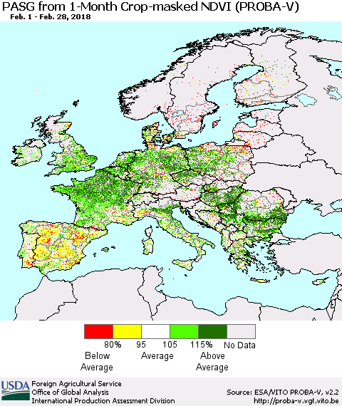 Europe PASG from 1-Month Crop-masked NDVI (PROBA-V) Thematic Map For 2/21/2018 - 2/28/2018