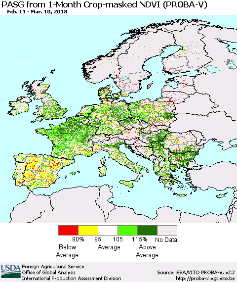 Europe PASG from 1-Month Crop-masked NDVI (PROBA-V) Thematic Map For 3/1/2018 - 3/10/2018