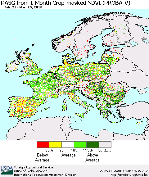 Europe PASG from 1-Month Crop-masked NDVI (PROBA-V) Thematic Map For 3/11/2018 - 3/20/2018