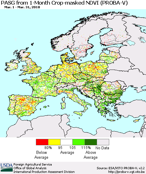 Europe PASG from 1-Month Crop-masked NDVI (PROBA-V) Thematic Map For 3/21/2018 - 3/31/2018
