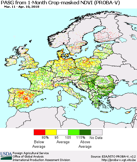 Europe PASG from 1-Month Crop-masked NDVI (PROBA-V) Thematic Map For 4/1/2018 - 4/10/2018