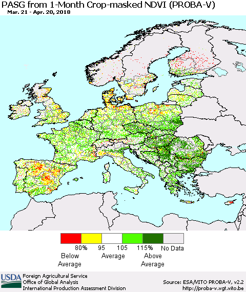 Europe PASG from 1-Month Crop-masked NDVI (PROBA-V) Thematic Map For 4/11/2018 - 4/20/2018