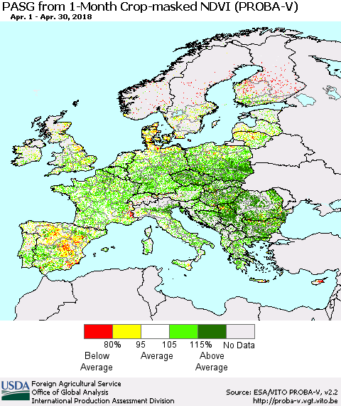 Europe PASG from 1-Month Crop-masked NDVI (PROBA-V) Thematic Map For 4/21/2018 - 4/30/2018