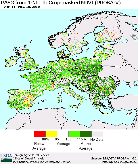 Europe PASG from 1-Month Crop-masked NDVI (PROBA-V) Thematic Map For 5/1/2018 - 5/10/2018
