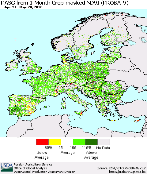 Europe PASG from 1-Month Crop-masked NDVI (PROBA-V) Thematic Map For 5/11/2018 - 5/20/2018