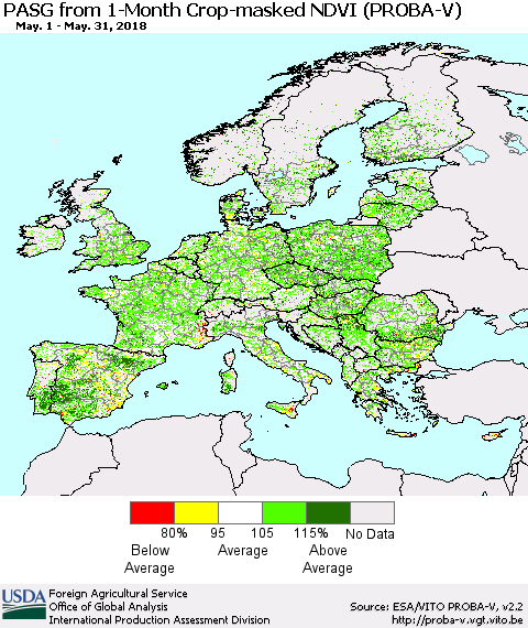Europe PASG from 1-Month Crop-masked NDVI (PROBA-V) Thematic Map For 5/21/2018 - 5/31/2018